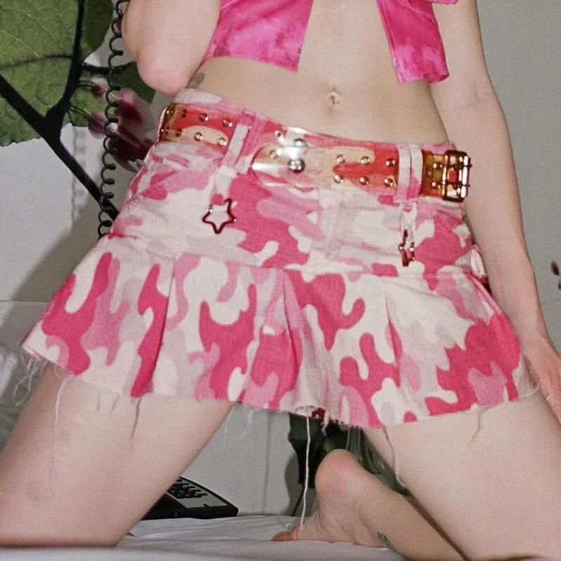 

Camouflage Print Pink Pleated Skirt High Waist A-line Mini Denim Skirts Harajuku Y2K Cargo Short Aesthetic Plaid Skirt