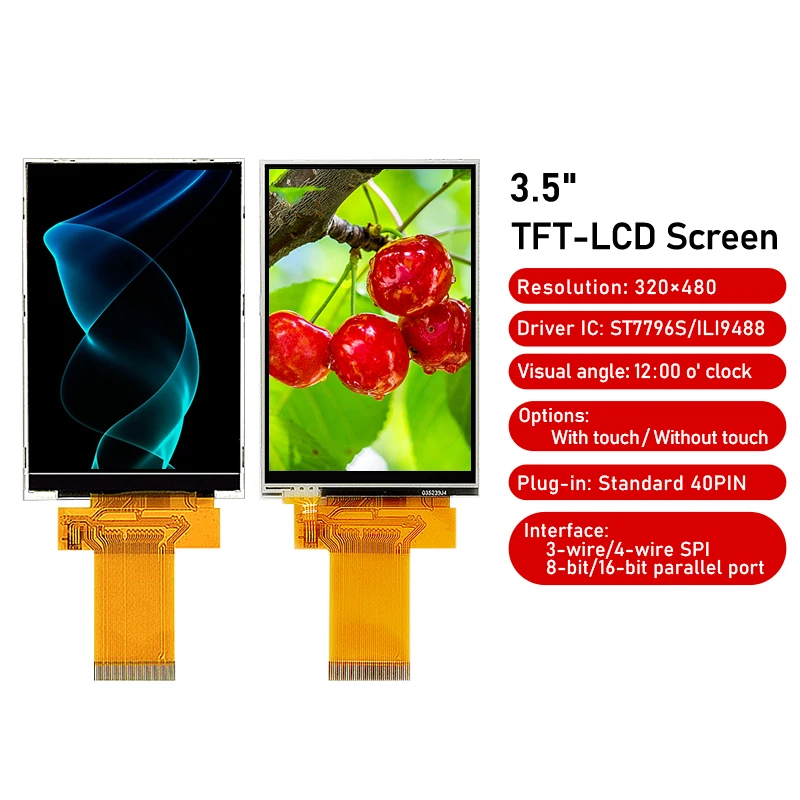 Фото 3,5-дюймовый TFT LCD-дисплей с резистивным сенсорным экраном, драйвер последовательного порта ILI9488, бесплатная настройка кабеля, разрешение 320x480 №1