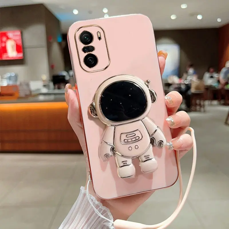 

Phone Case for Xiaomi Poco F3 Poco F3 Pro Luxury Plating Astronaut Fold Stand With Lanyard Phone Case Cover