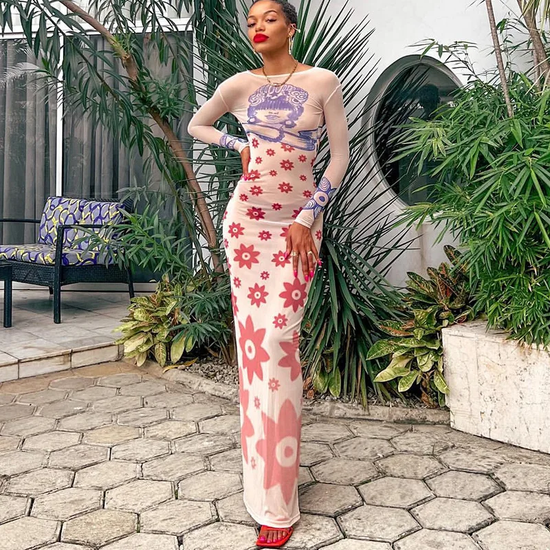 

Women Long Bodycon Dress Female Portrait Floral Print Boat-Neck Mesh See-Through Slim Long Sleeve Backless Party Dress