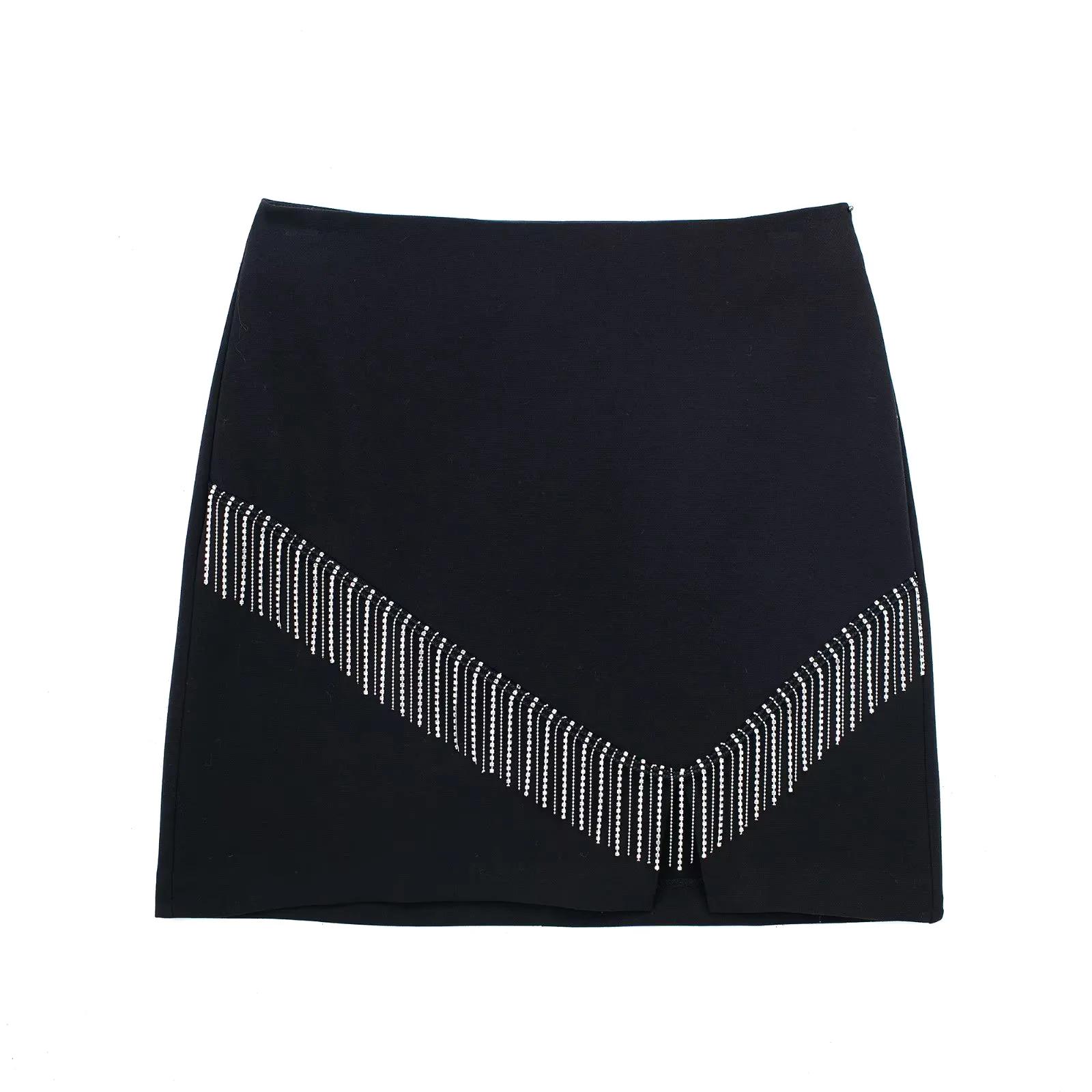 

TRAF Women Fashion Diamond Tassel Design Black Split A Line Mini Skirt Faldas Mujer Female Chic Zipper Fly Vestidos