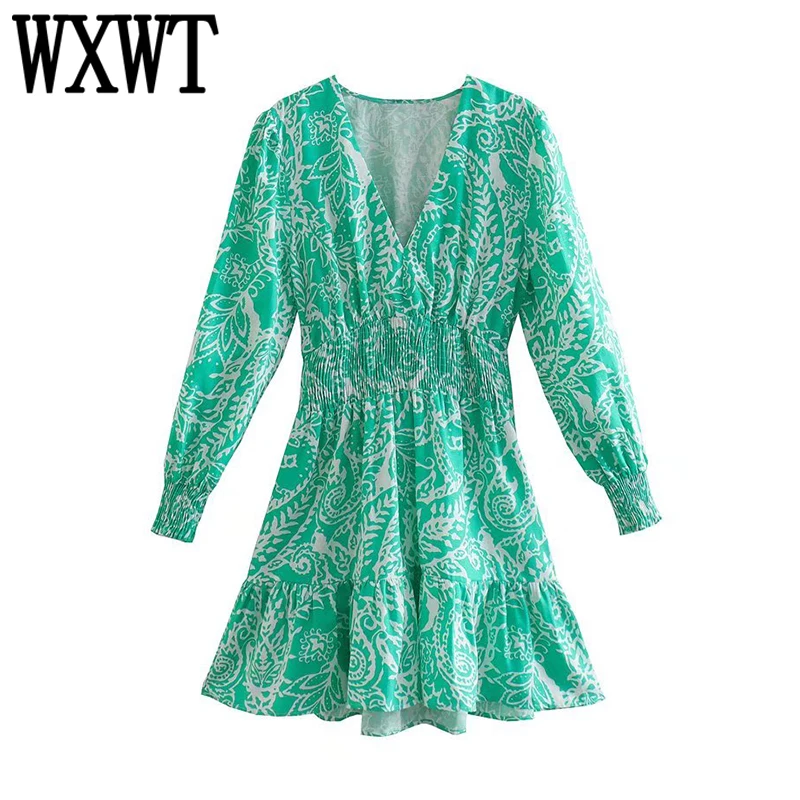 

Женское льняное мини-платье-трапеция WXWT, с геометрическим принтом, V-образным вырезом и длинным рукавом, модель XX8664, 2022
