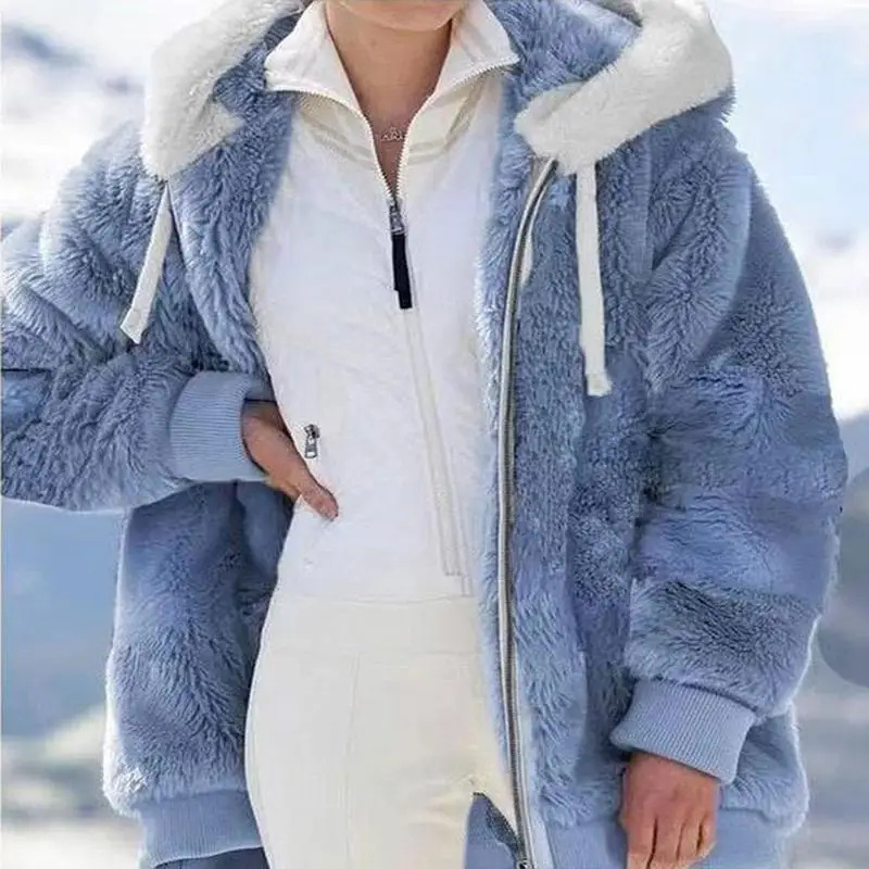 2022 Women's Winter Warm Faux Fur Coat Zipper Plush Hooded Cardigan Loose Jacket Plus Size Hood Sweat-shirt Outwear Overcoat