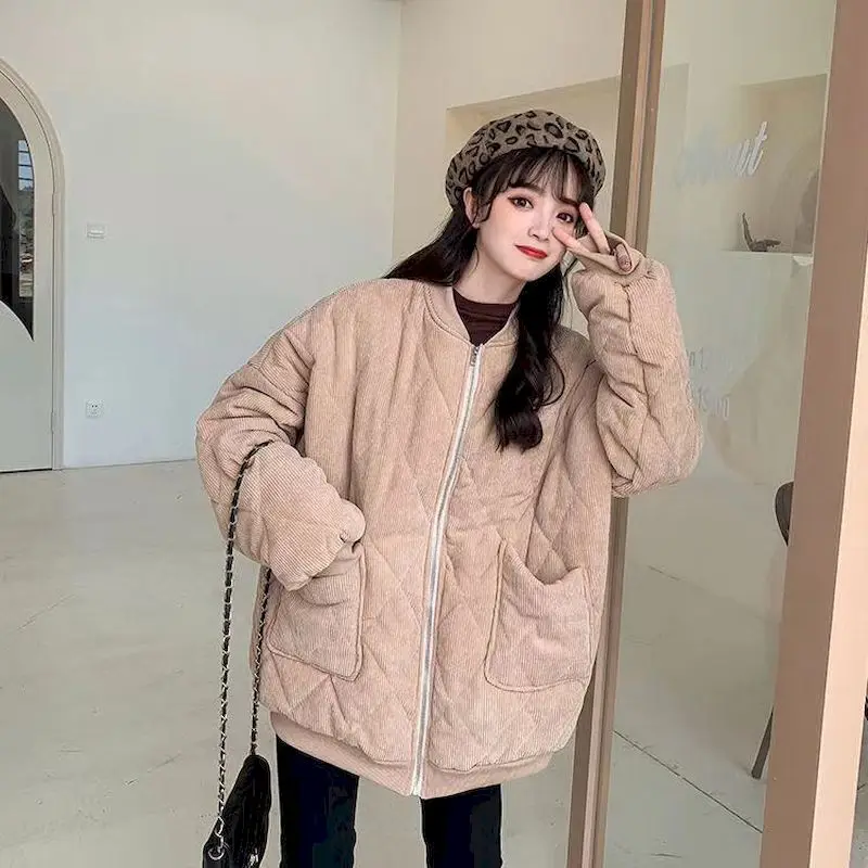 Women Thick Jackets V-neck Puffer Corduroy Parkas High-Quality Warm Vintage Wild Coats New 2021 Autumn Winter Female Overcoat