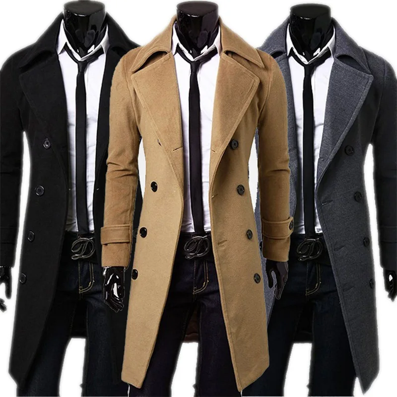 Simple Men's Long Trench Fashion Slim Solid Color Classic Double Row Button Trench High-quality Vintage Warm Windbreaker Male images - 6