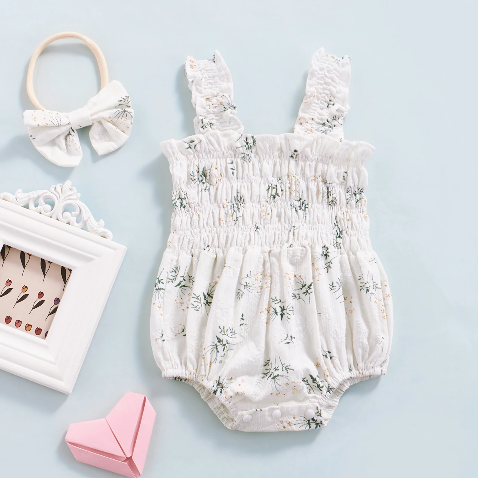 

Emmababy 2022 Baby Girl's Sleeveless Jumpsuit Floral Print Elastic Bust Shoulder Straps Romper Bow Headband