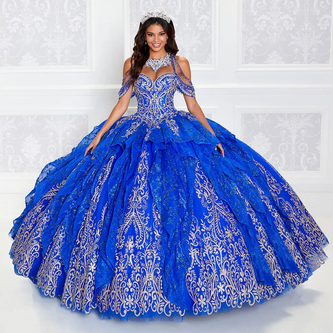 

Royal Blue Puffy Quinceanera Dresses Ball Gown Sweetheart Tulle Appliques Crystals Mexican Sweet 16 Dresses 15 Anos