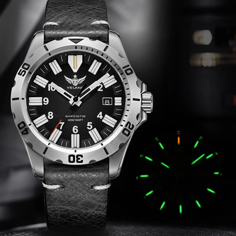 Фото Мужские кварцевые часы YELANG 42MM V1036 с люминесцентным циферблатом, литиевым механизмом (10 лет службы), вращающимся циферблатом, водонепроницаемостью 30ATM (300 м), в стиле милитари №1