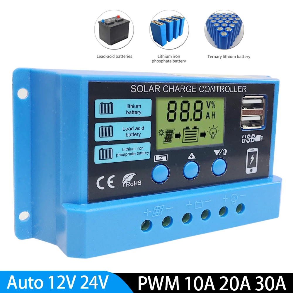 

720W 600W 500W 300W Solar Charge Controller PWM 10A 20A 30A Solar Panel Charge Controller For Lifepo4 Lithium GEL Lead Acid