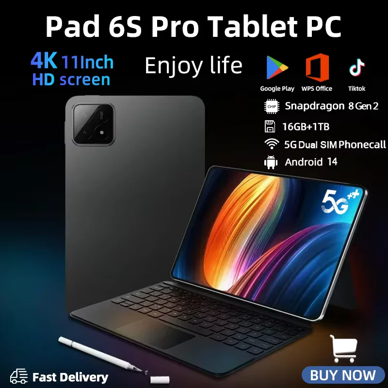 Планшет Pad 6S Pro 11 дюймов Android 14 16 ГБ + 1 ТБ 20000 мАч 5G Dual SIM Bluetooth 4K WiFi GPS WPS