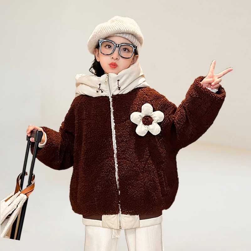 

2022 г. Новая зимняя флисовая куртка с капюшоном на молнии для девочек одежда в Корейском стиле Детские флисовые пальто из искусственной овечьей шерсти Детские стеганые Теплые Топы