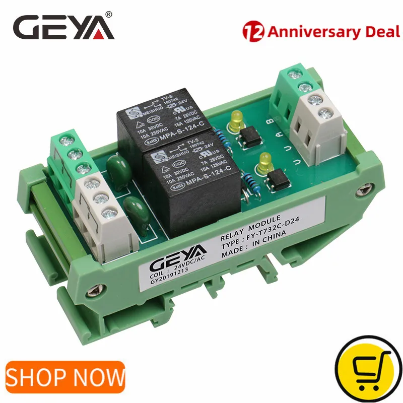 GEYA FY-T73 2 Channel Relay Module Din Rail 5V 12V 24V AC230V Relay Interface PLC Control