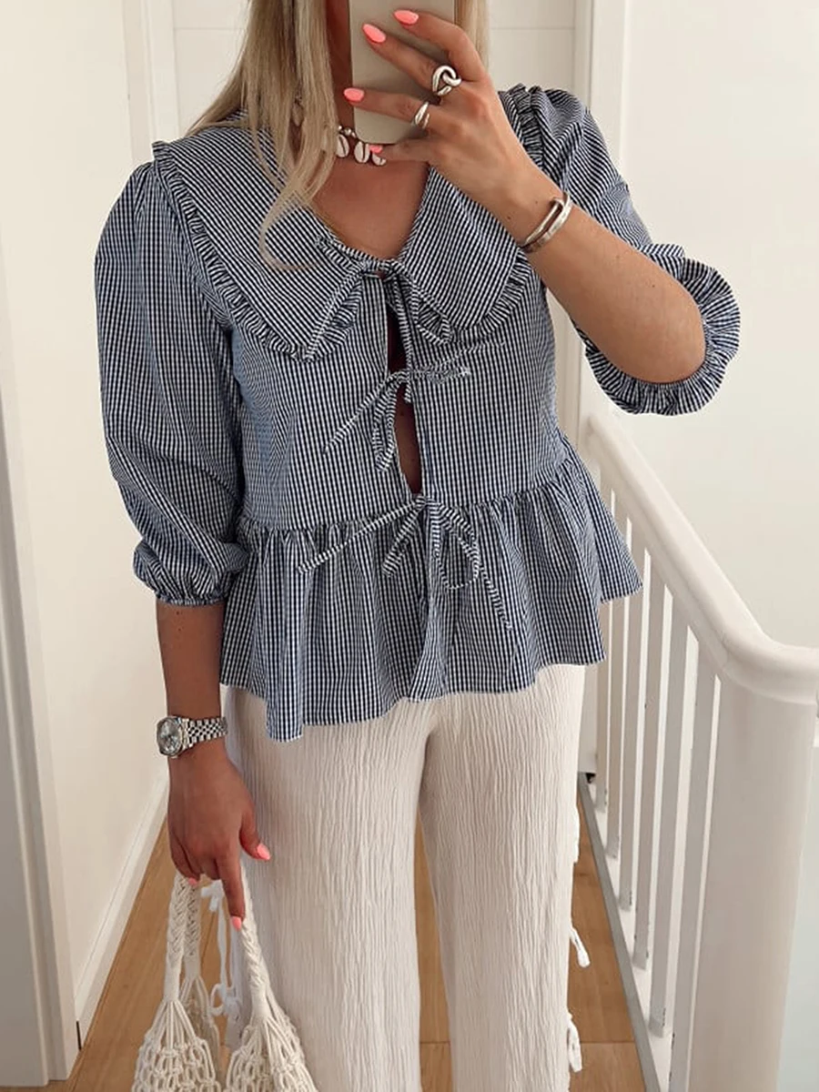 Новая модная женская блузка элегантные клетчатые Топы с коротким рукавом и