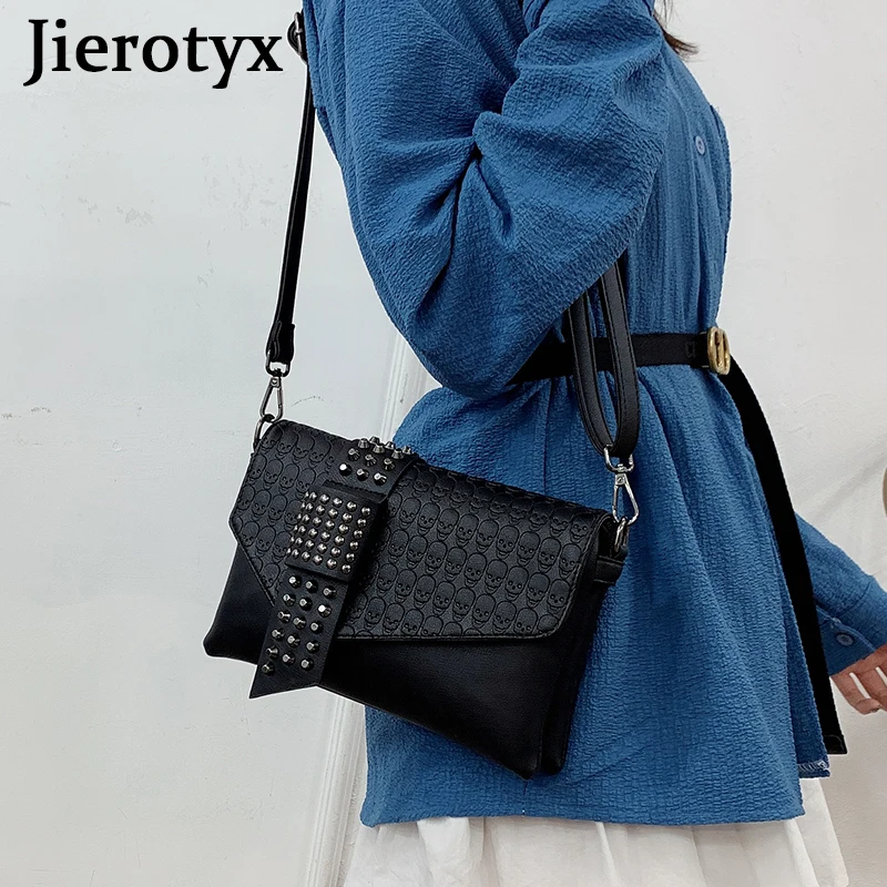 

JIEROTYX Vintage Skull Printing Womens Handbags Flap Shoulder Bag Black Leather Punk Rivet Small Lady Bags Cover Dropship