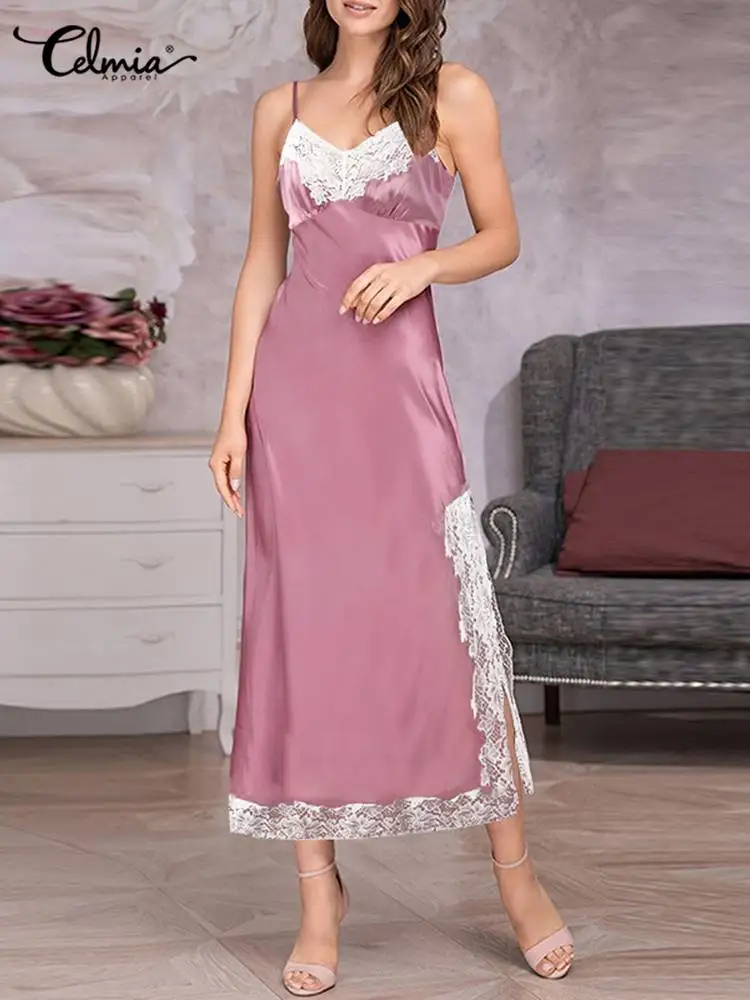 

Women Satin Spaghetti Straps Nightgowns 2022 Celmia New Leisure Sling Stitching Lace Soft Long Sleepdress Sexy Sleeveless Dress