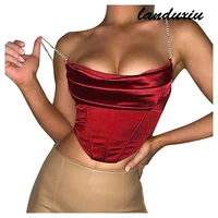 landuxiu stretch satin diamond chain sling slim fit corset sexy crop top women short corset top female 2022 summer mujer