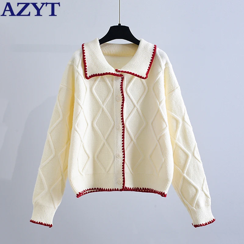 

AZYT Casual Turn Down Collar Knit Cardigan Jacket 2022 Spring Autumn Solid Women's Sweater Cardigan Korean Loose Knitwear Tops