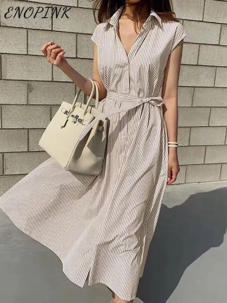 

Женское элегантное платье-рубашка в полоску, летнее однобортное платье-поло без рукавов, офисные повседневные женские платья на шнуровке, 2023