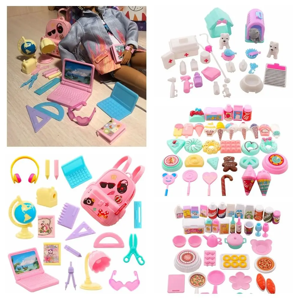 

House Change Dressing Game Scene Model Mini Schoolbag Stationery Cookware Drink Dessert Doll Accessories Pet Cat Dogs