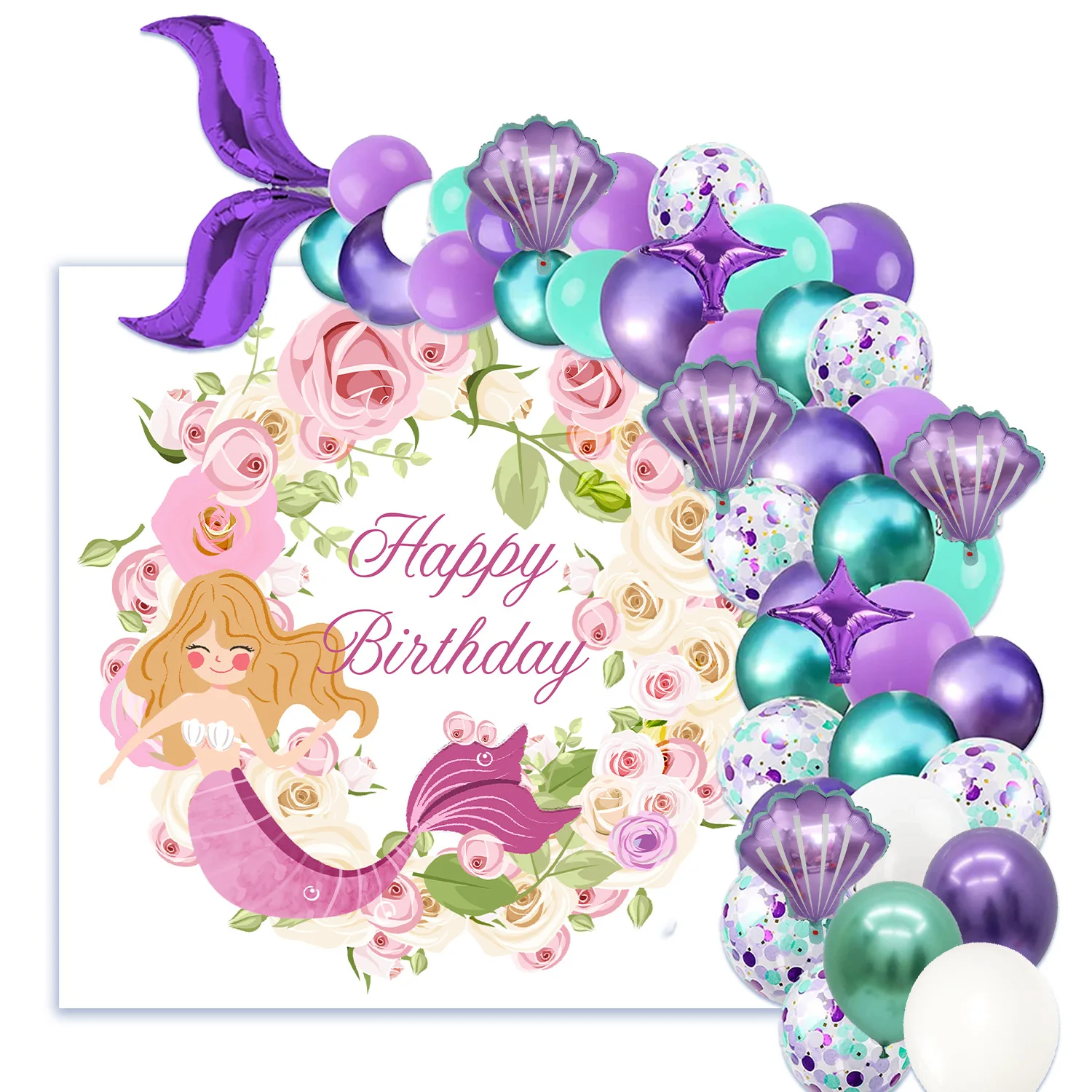

Hot Sale Mermaid Balloon Chain Set With Themed Background Cloth Unicorn Balloon Space Birthday Party Decoration