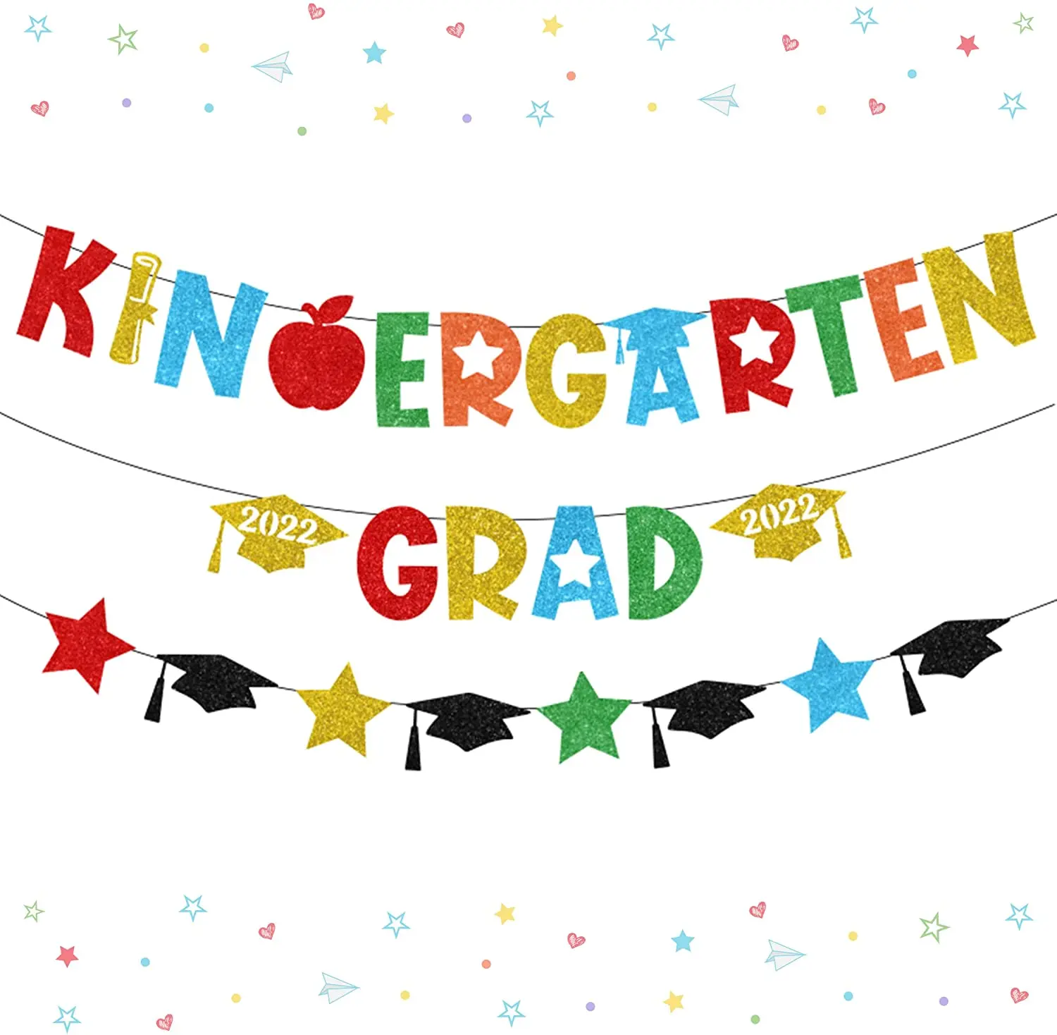 

JOLLYBOOM 2022, градиентный баннер для детского сада, Блестящий Выпускной колпачок, гирлянда со звездами, класс 2022, поздравляемые градиентные укра...