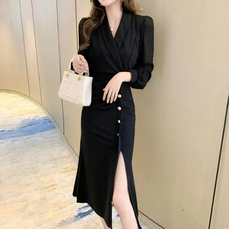 

Ladies Autumn Slim Shirt Dress Chic Turndown Neck Ruched Maxi Dress High Waist Front Slit Women Long Sleeve Vestidos De Fiesta