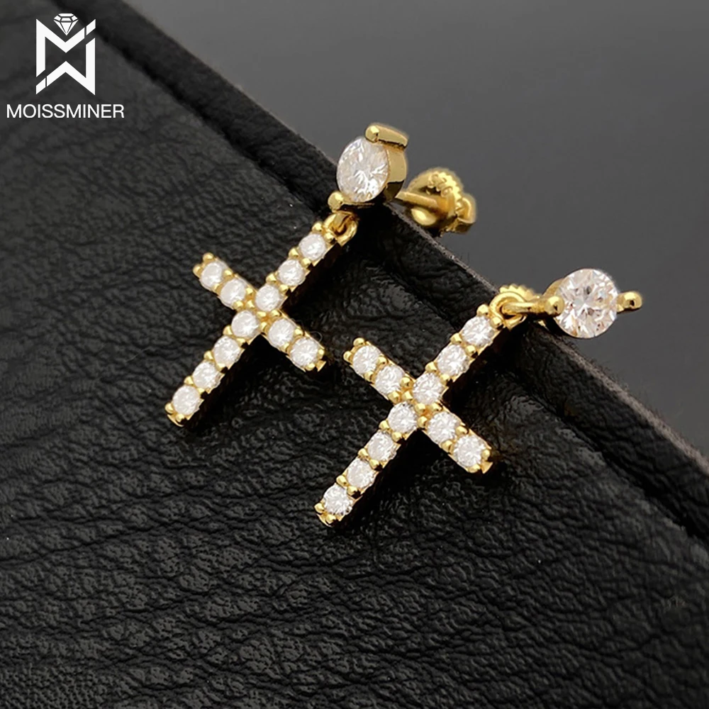 Moissanite Cross Earrings VVS S925 Silver Real Diamond Iced Out Ear Studs For Women Men High-End Jewelry Pass Tester Free Ship