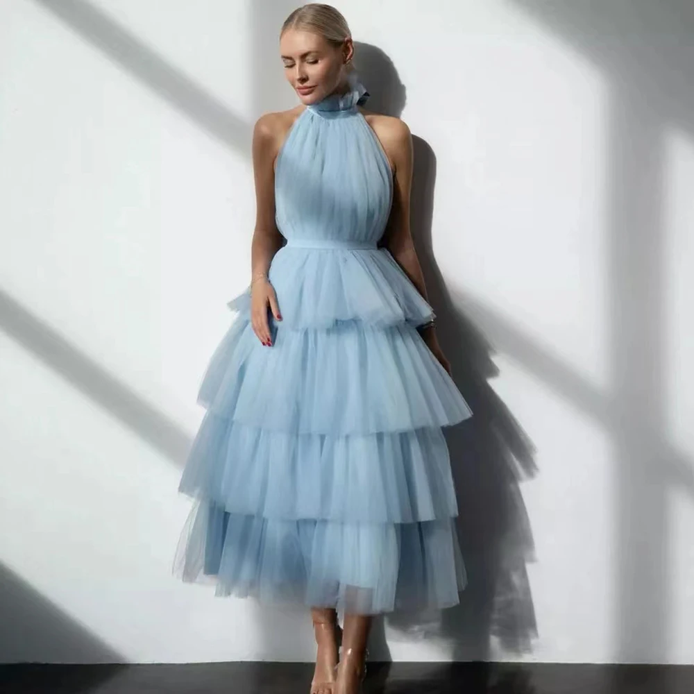 

Bady Blue Halter Neck Prom Dress Sleeveless Tulle Evening Dress A-Line Tea-Length Formal Party Gowns For Ladies 2022