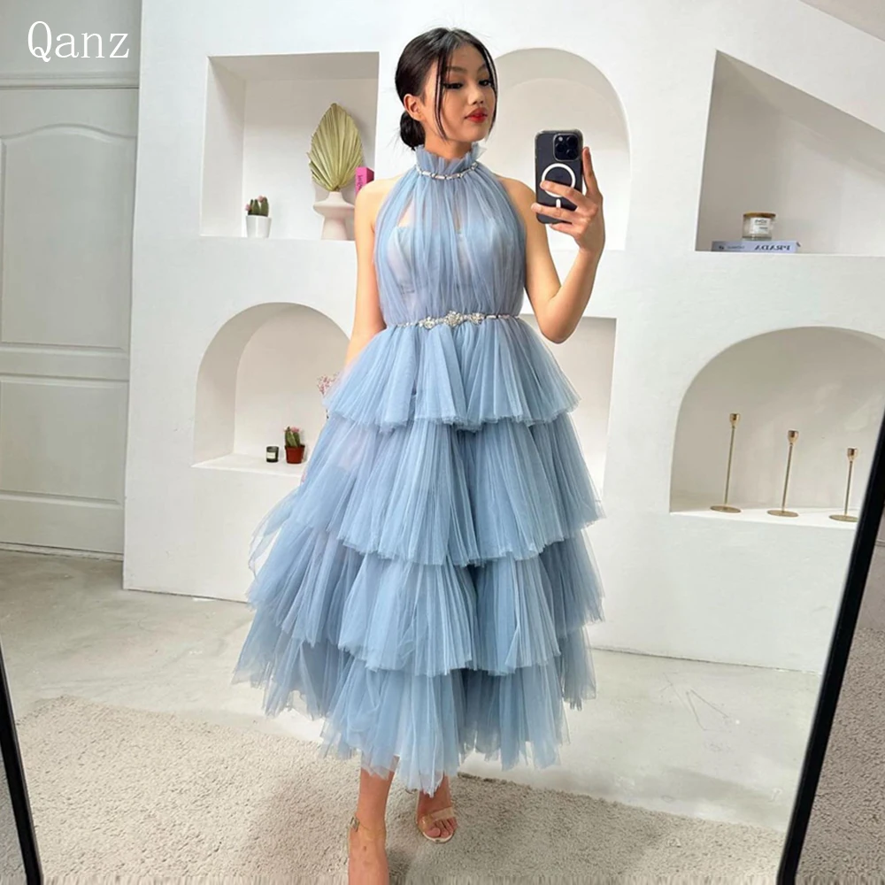 

Qanz High Neck A-Line Sky Blue Prom Dresses Tiered Tulle Mid Length Arabic Evening Gown Celebrity Party Dresses Sukienki Damskie
