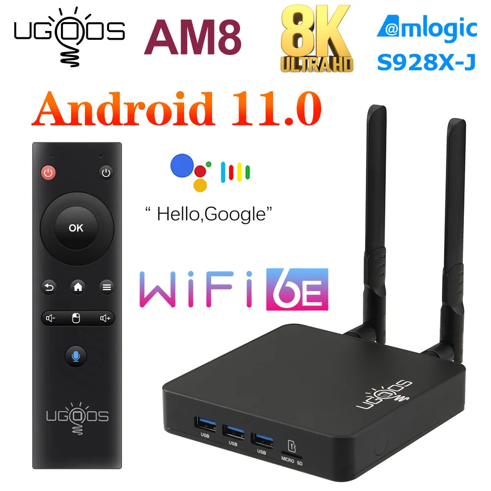 

2023 UGOOS AM8 TV BOX Amlogic S928X-J Android 11.0 LPDDR4 4GB 32GB Supoprt Voice AV1 WiFi6E BT5.3 1000M 8K Media Player