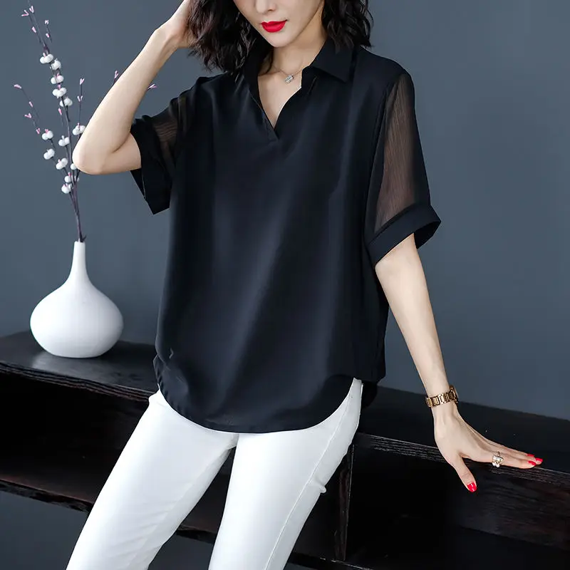 Fashion Lapel Solid Color Spliced Short Sleeve Oversized Chiffon Shirt Summer Casual Tops Loose Commute Women's Clothing Blouse