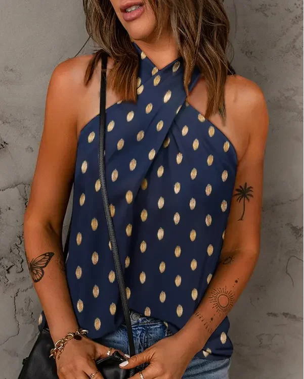 

2022 Summer Women Fashion New Metallic Polka Dot Crisscross Halter Top