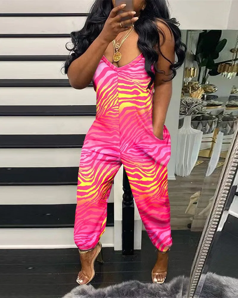 

Summer Casual Suspenders Long Jumpsuit Women Fashion Print Sleeveless Chain Colorblock Wide Leg Jumpsuit Women
