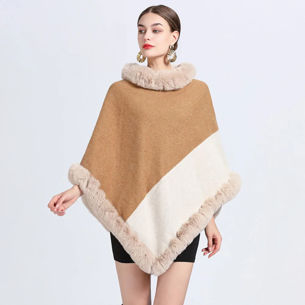 

Winter Faux Rabbit Fur Poncho Women Fur Collar Beige Camel Cloak Contrast Color Fashion Cape Loose Pullovers Outstreet Wear Coat