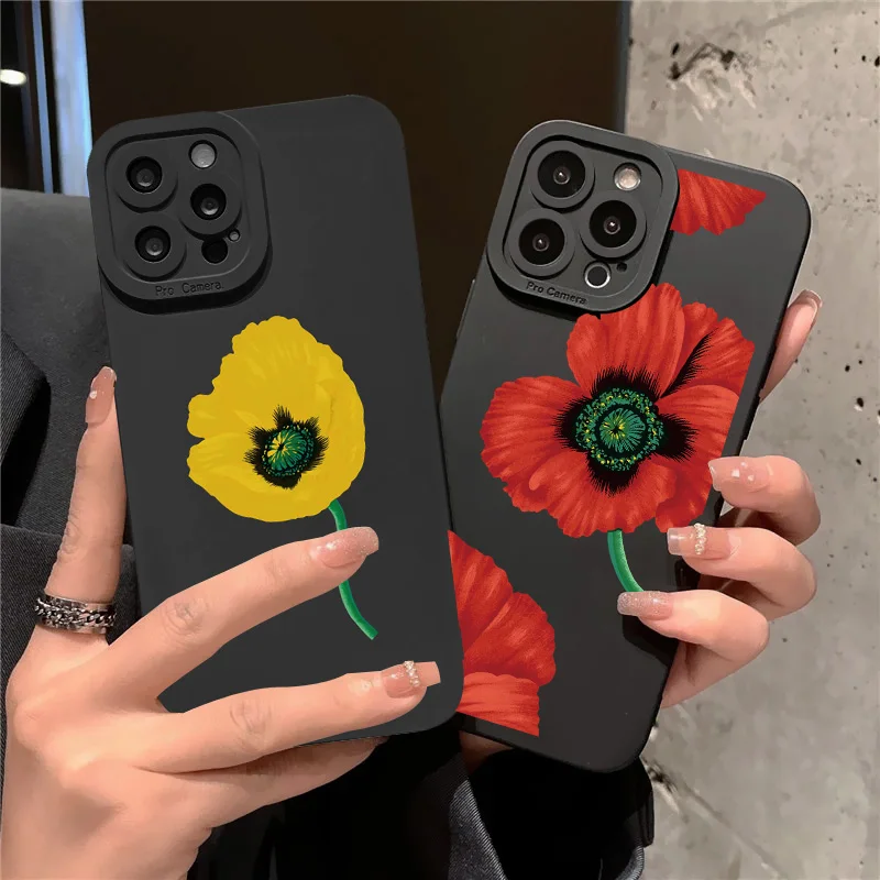 

Poppy Flower Bloom Phone Case Black Color For iPhone X XR XS 13 12 11 14 Pro Max Cover 7 8 Plus SE2 Soft Silicone Funda Shells