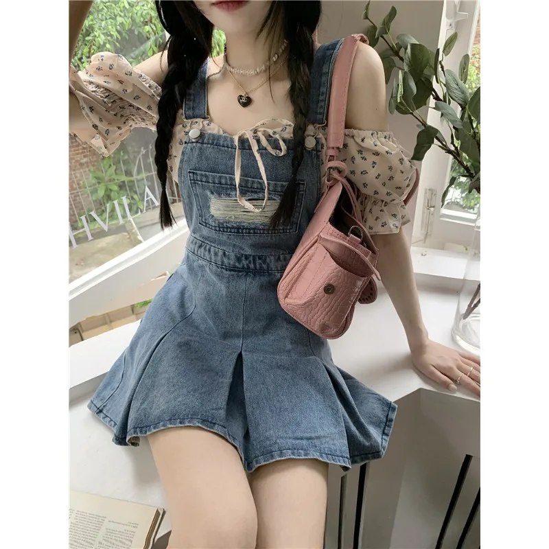 

Sweet and Cool Wind Age-reducing Denim Suspender Skirt Dress Women's Summer Suspender Pleated Skirt Denim Skirt