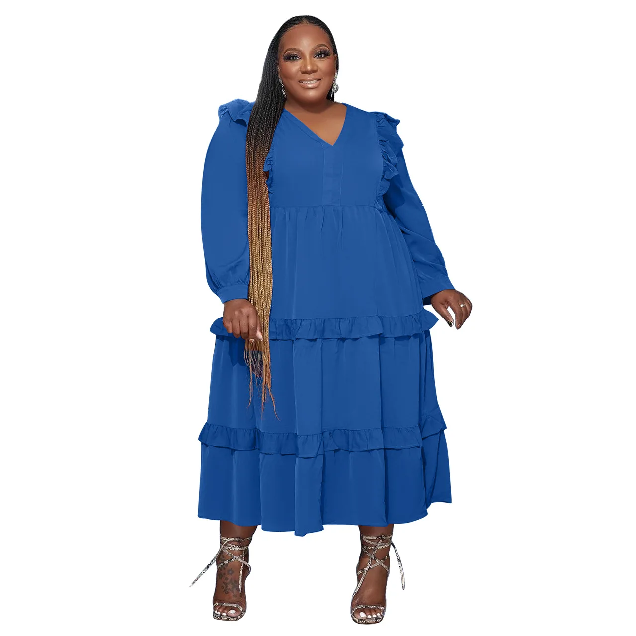 Plus Size Casual Ruffles Hem Dress For Women V Neck Long Sleeve Loose Vestidos Streetwear Fashion Oversized Robes Solid Clothing