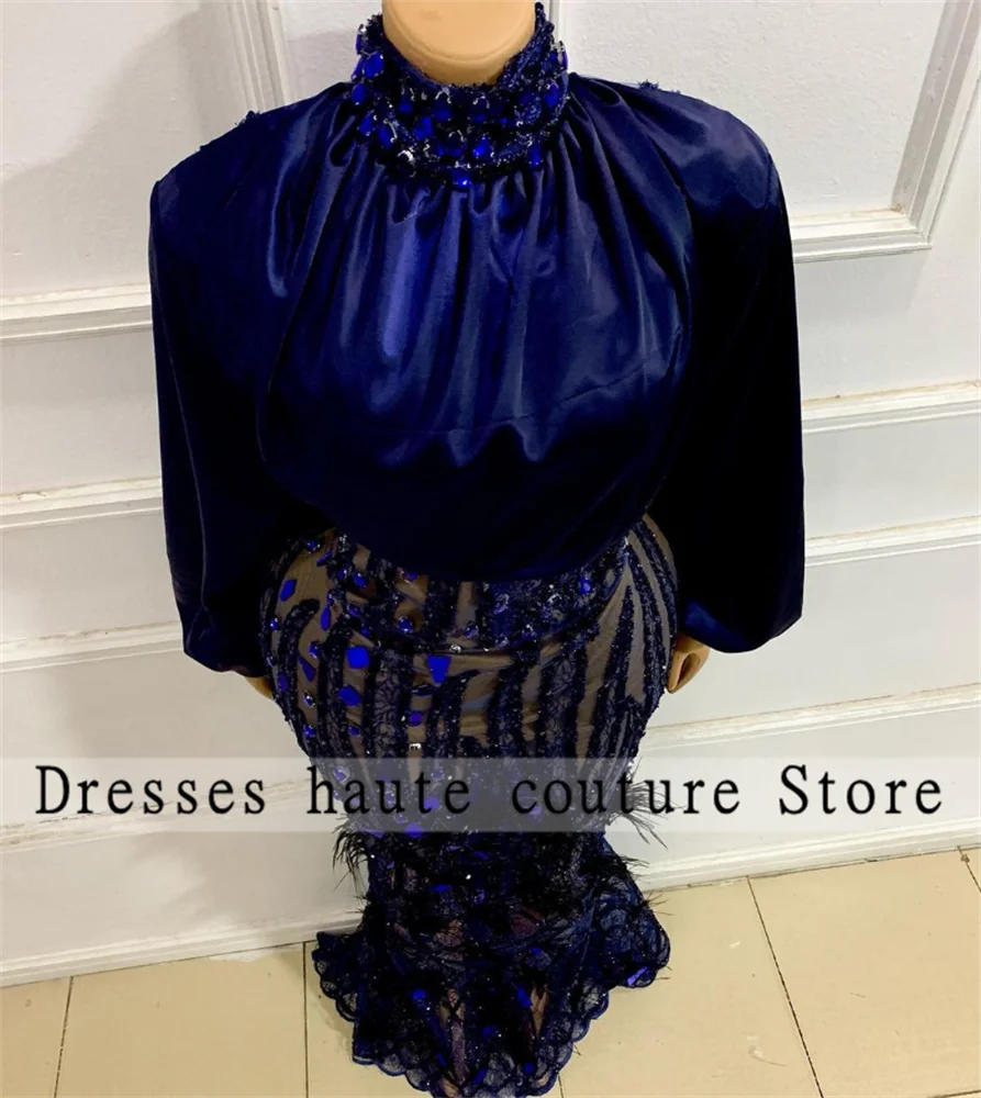 

Женское вечернее платье-Русалка Aso Ebi, синее длинное роскошное платье с бисером и перьями для свадебной вечеринки, официальное платье, 2023