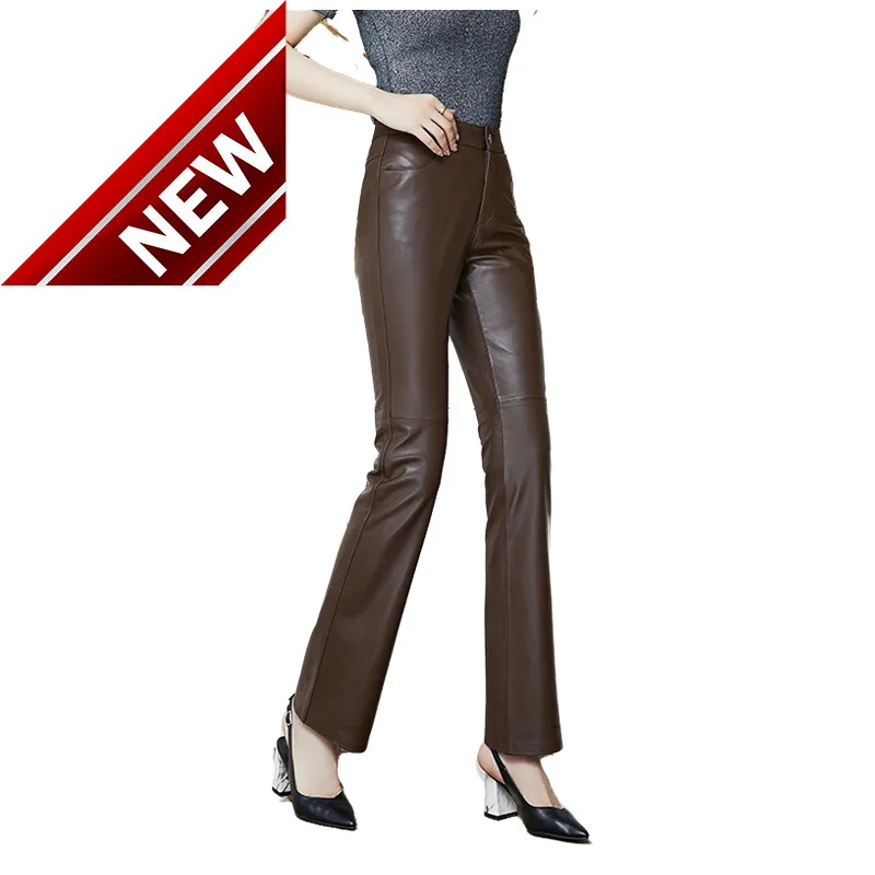 

Women Leather High Pants Waist Slightly Flared Pants Black Red Genuine leather Pants Large Size Vintage Loose Sheepskin Pants