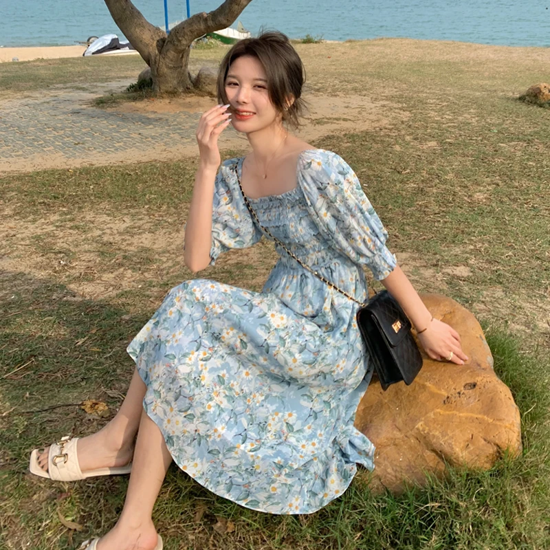 

Юбка с пышными рукавами, летнее приталенное шифоновое праздничное платье с французскими цветами и коротким рукавом