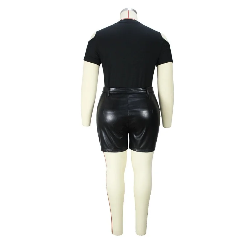 Plus Size Matching Sets Fashion Solid Off The Shoulder Top Short Sets Conjuntos Cortos Black Sexy Buttocks PU Leather Shorts Set