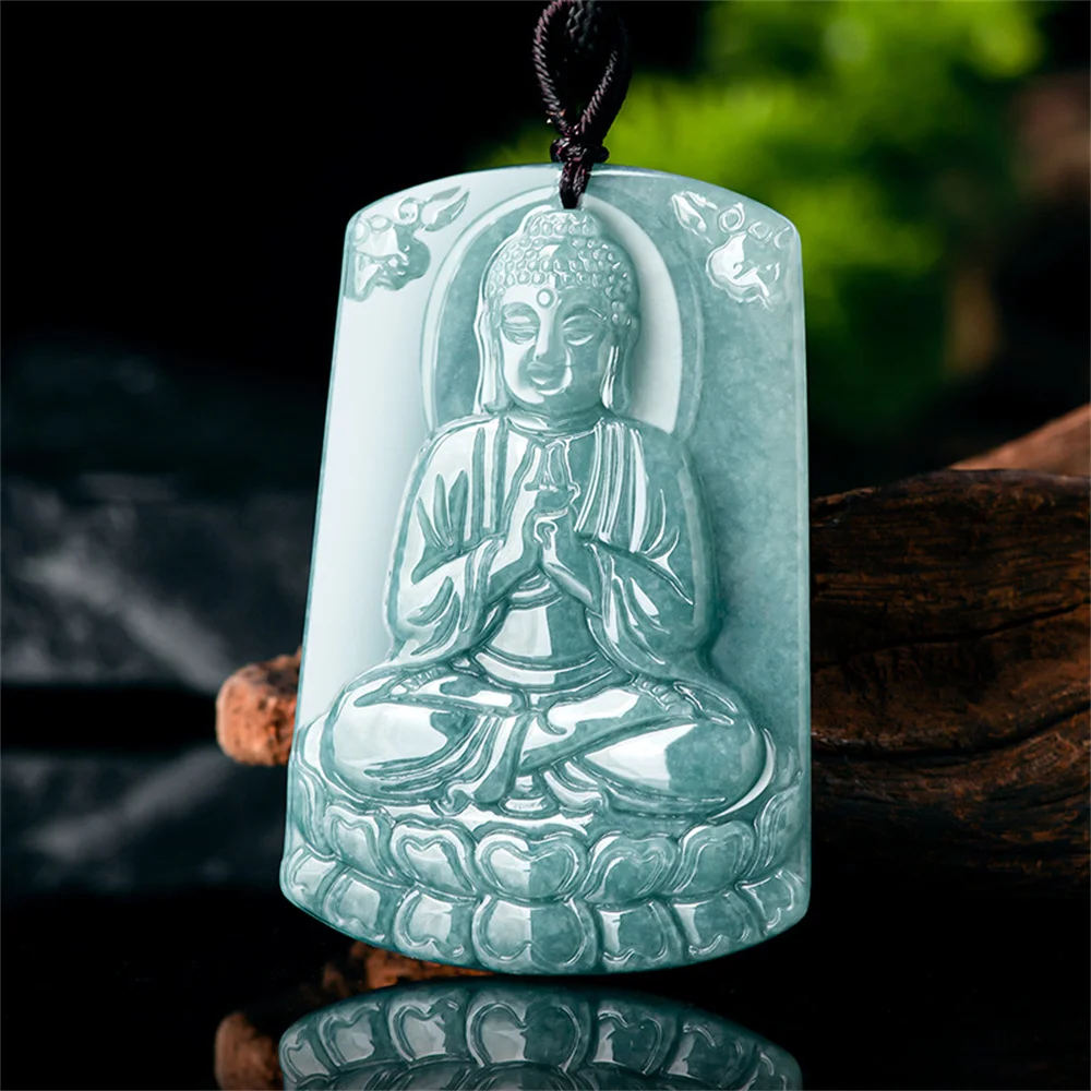 

Natural Ice Green Jadeite Hand Carved Buddha DaRiRuLai Pendant Amulet Necklace Certificate Luxury Jade Vintage Jewelry Gift