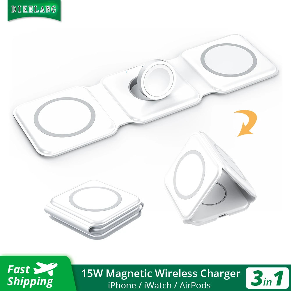 

DIKELANG Magnetic Wireless Charger 15W 3 in 1 Stand Foldable for iPhone 13 12 Pro/Airpod Pro 3/iWatch 7 6 Portable Fast Chargers