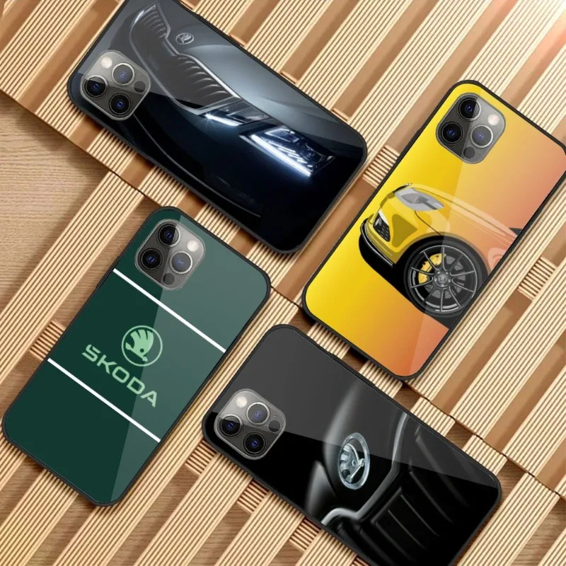 

Fashion SCODA Car Cell Phone Case for iPhone 14 13 12 11 XS X 8 7 6 Plus Mini Pro Max SE 2022 PC Glass Phone Cover Funda