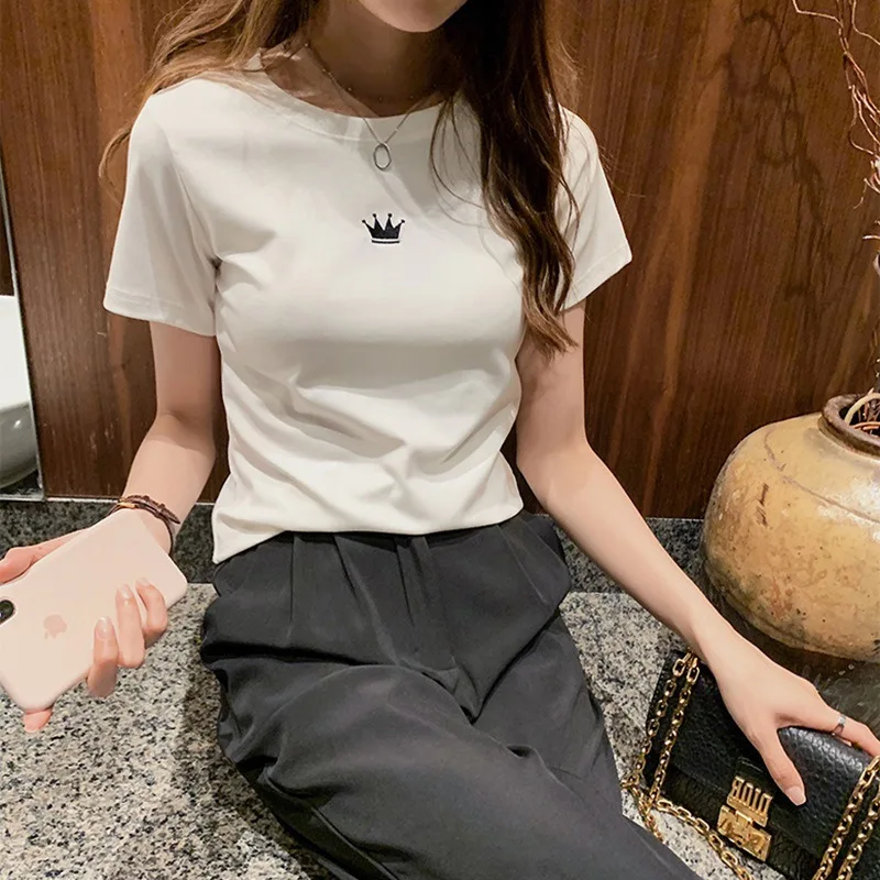 

Embroidery Women's T-shirt Summer Crown Print T Shirt Short Sleeve T-shirts Y2k Casual O Neck Streetwear Tops Graphic Tees 2022