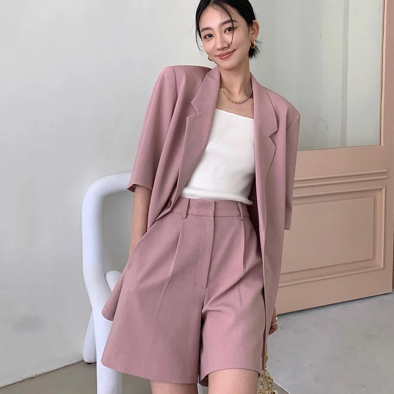 2023 Summer New Formal Two Piece Suits Women Korean Fashion Loose Short Sleeve Blazers High Waist Shorts Sets Office Ladies