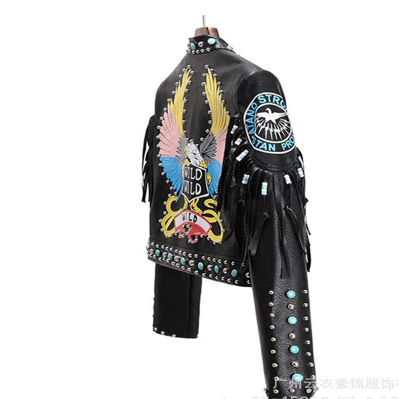 Motorcycle leather jacket women's fashion printing contrast color rivets punk rock black performance new European and American enlarge