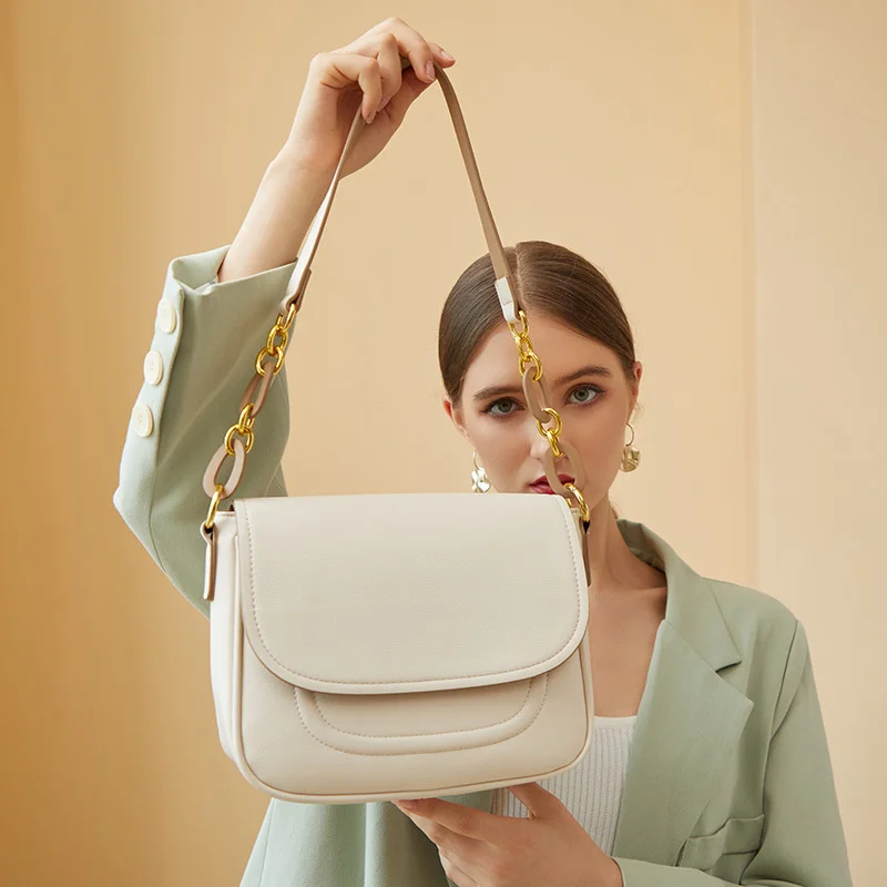 

Bucket Small Bag Cow Leather Women's Handbag Beige Fashion Simple Cover Office Ladies Shoulder Bag Buckle Leather Messenger Bag