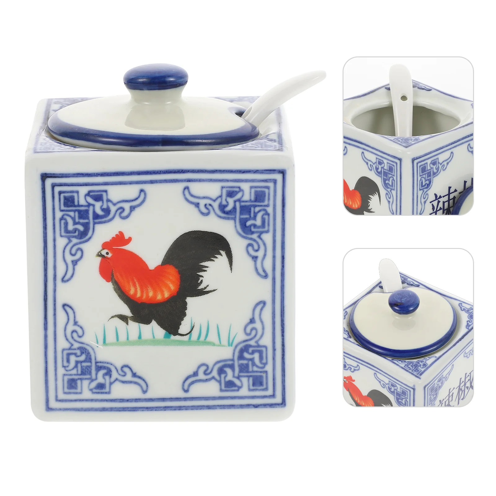 

Ceramic Jar Condiment Bottle with Spoon and Lid Rooster Pattern Seasoning Container for Salt Chili Sugar Pepper Oil Sauce