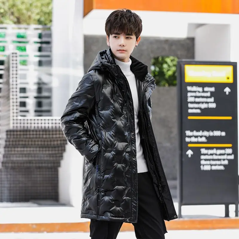 Winter authentic long down jacket bright face men's long winter white eiderdown down jacket Korean version, thickened warm hoode